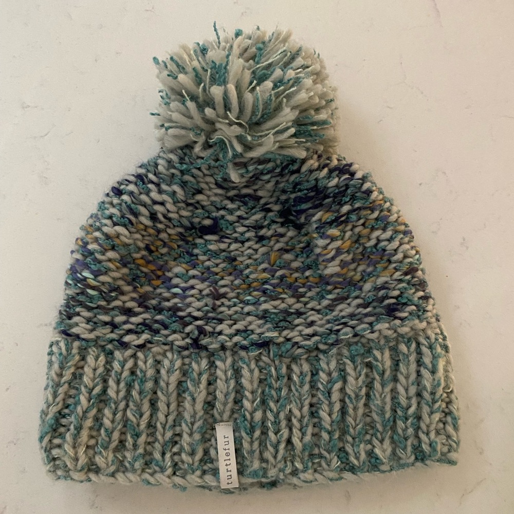Turtlefur blue with green with cream Pom Pom hat